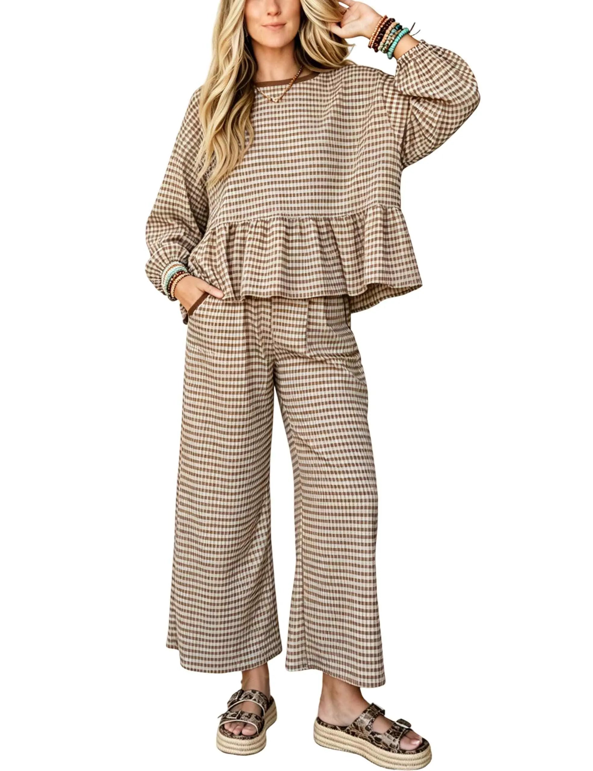 Women's Gingham Two Piece Set Peplum Top & Wide Leg Pants