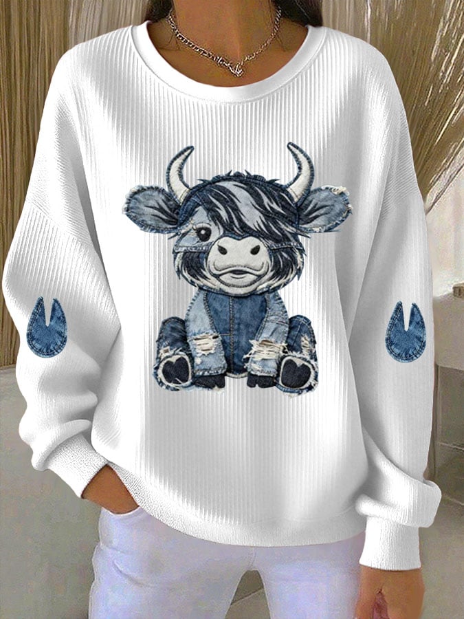 Women's Highland Denim Print Crew Neck Long Sleeve Top