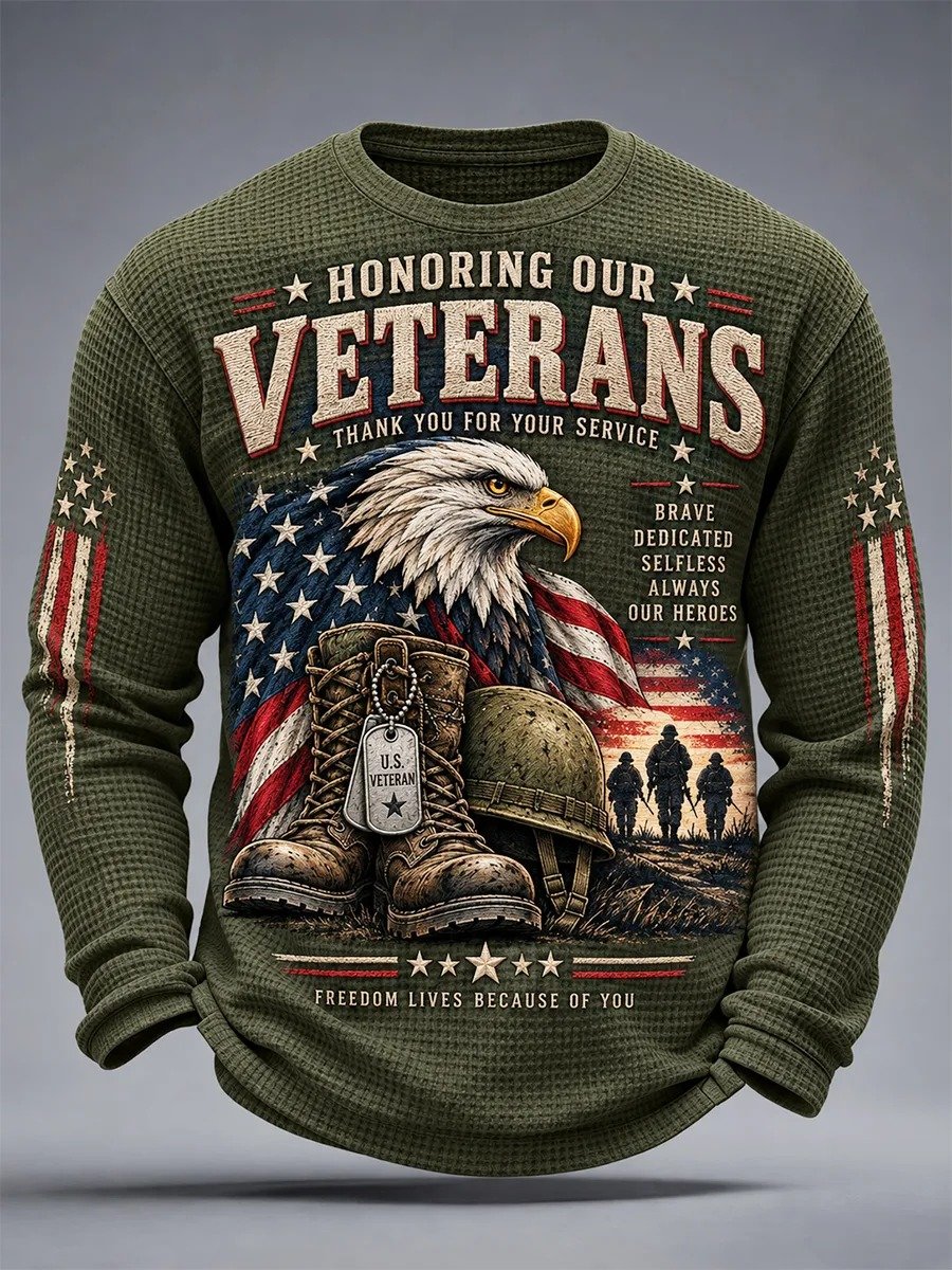 🎖️Men's U.S. Veterans Day Print Waffle Long Sleeve T-Shirt