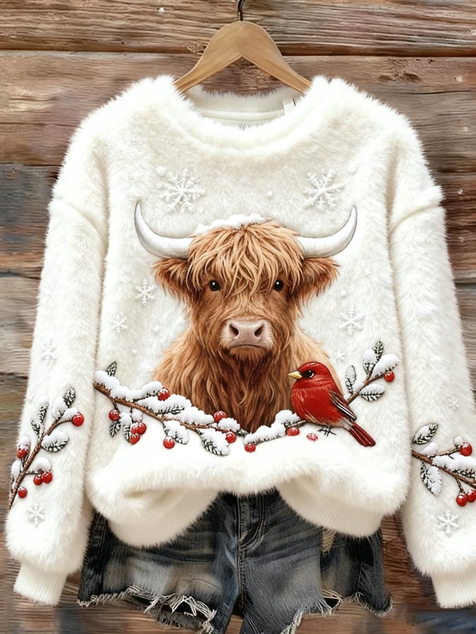 Women's Christmas Highland Denim Print Sweatshirt