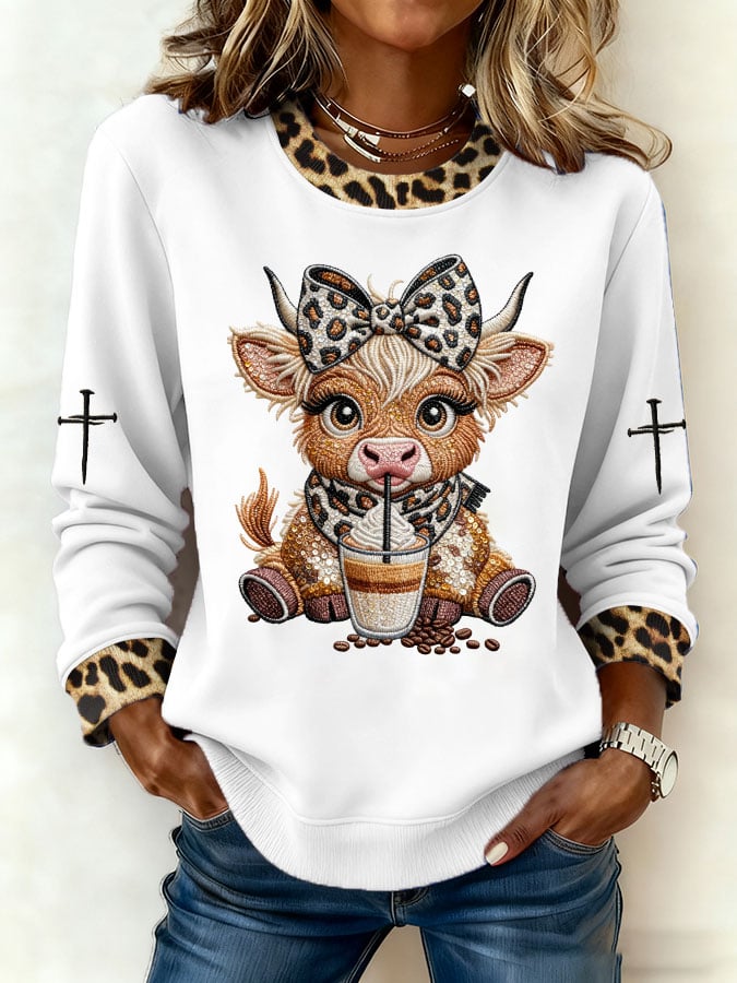 Women's Retro Cute Highland Cow Leopard Print Color Block Sweatshirt
