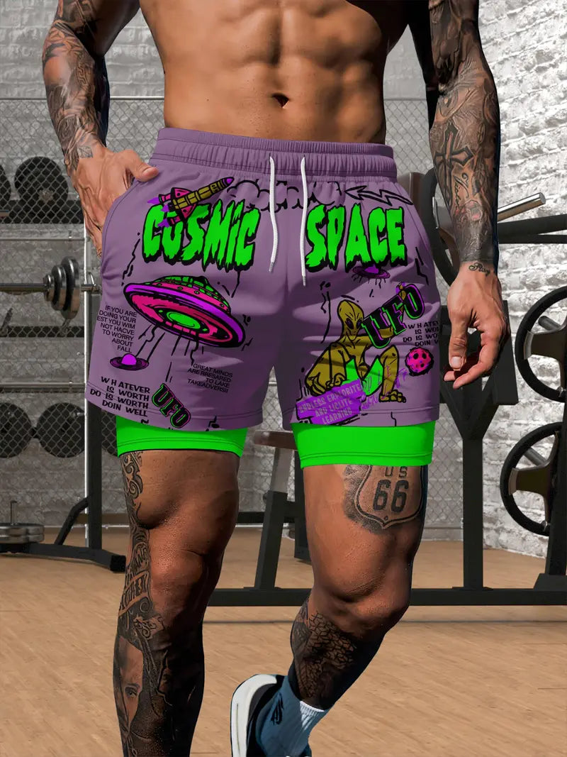 Unisex Alien Spaceship Print Casual Wear Shorts