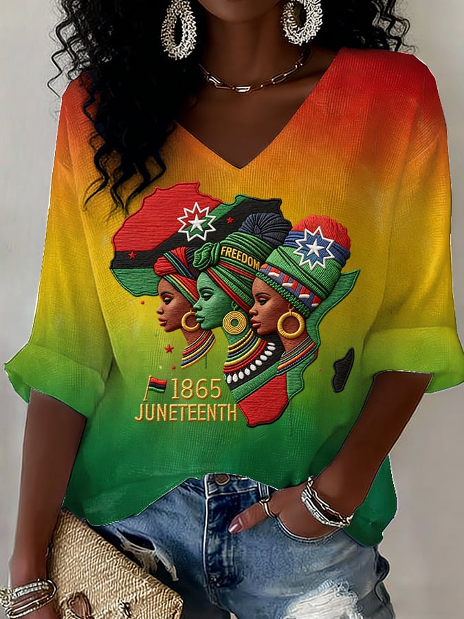 Women's Juneteenth Freedom Print V Neck Top