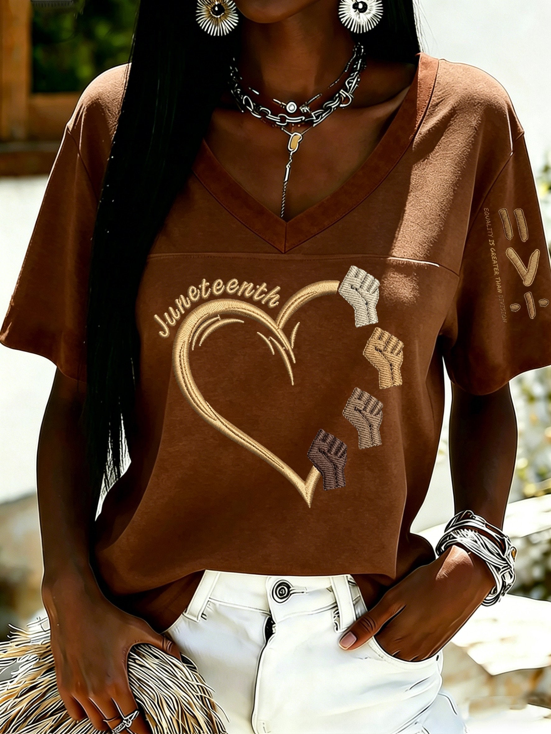 African American Women's Juneteenth Print V-Neck Top