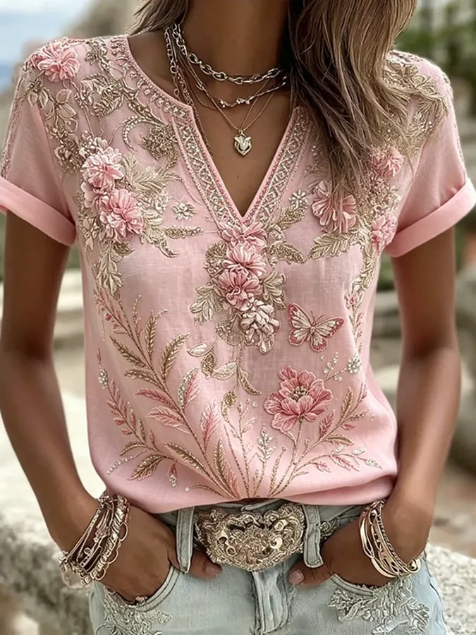 Women's Floral Cotton-Linen Print Top