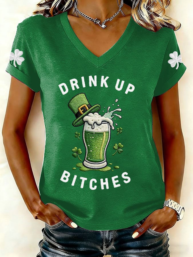 Women's Drink Up St Patrick's Day Print V Neck T-shirt