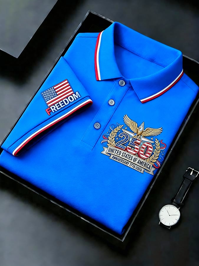 Men's Retro 250th Anniversary of the United States Print Independence Day Cross Print Polo Shirt