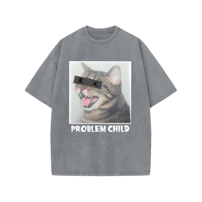Unisex Problem Cat Art Print Acid Washed T-shirt