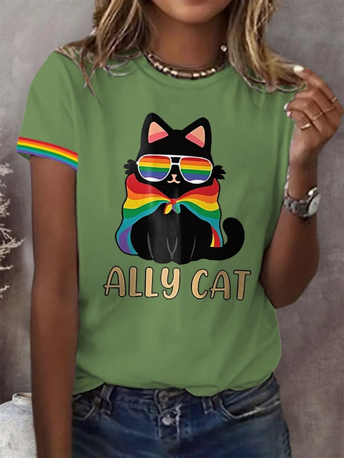Women's Pride Month Rainbow Ally Cat print Short Sleeve T-Shirt