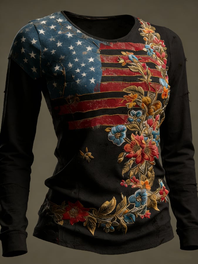 Women's casual long-sleeved T-shirt with 250th anniversary national flag and floral print.