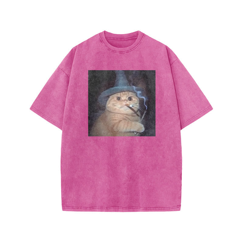 Unisex Smoking Wizard Cat Halloween Print Acid Washed T-shirt