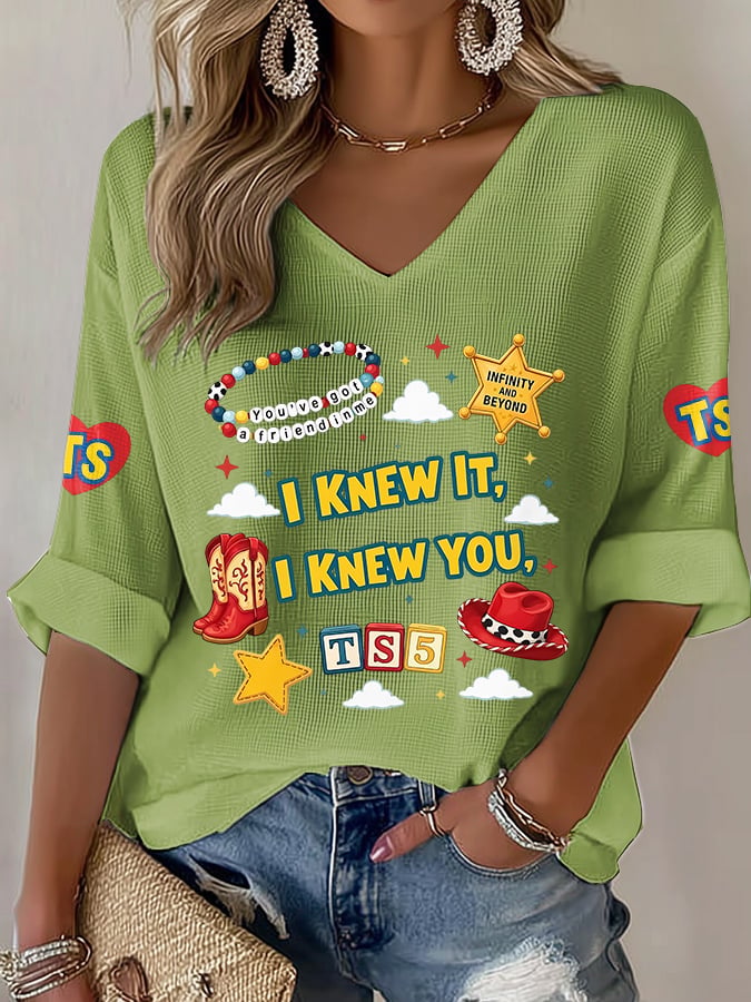 V-Neck Retro I Knew It Print T-Shirt