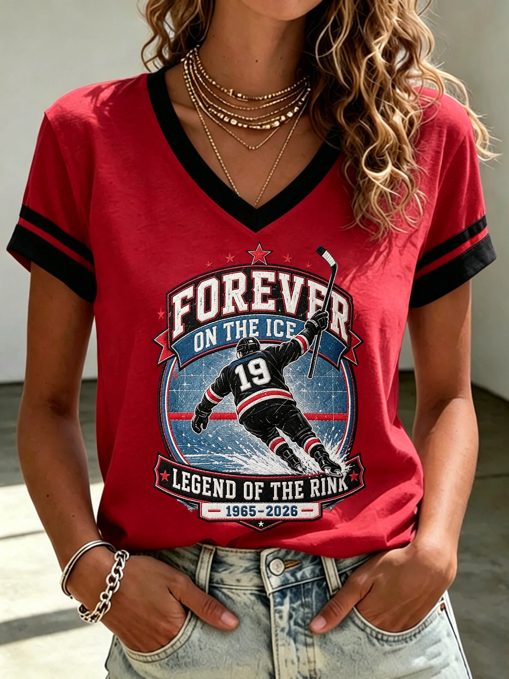 Women's Hockey Heritage Print V Neck T-shirt