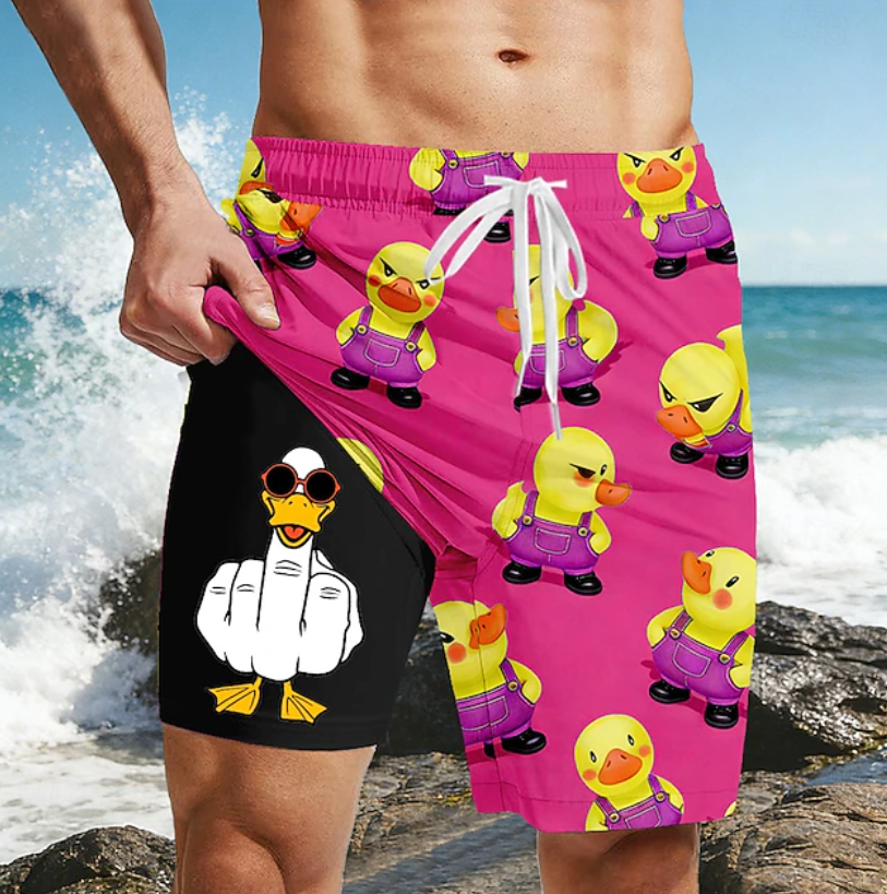 Funny Duck Middle Finger Lined Shorts 2 in 1 Board Shorts Swim Shorts