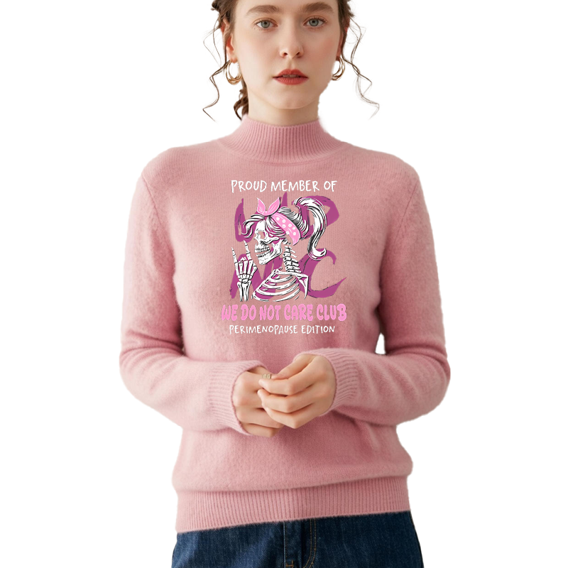 Retro and fun WDNC Club menopause/perimenopause themed printed mock neck sweater
