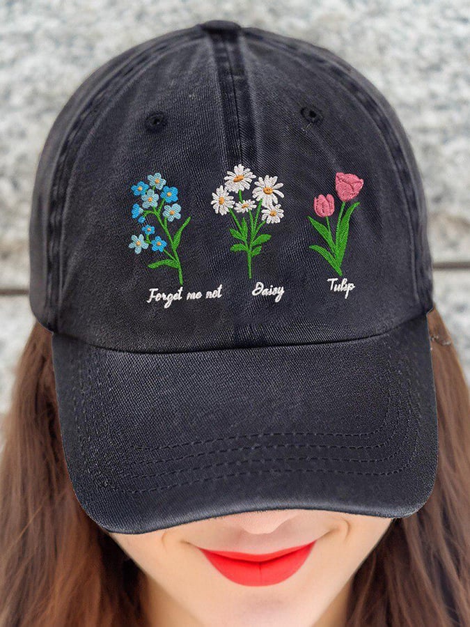 Women's Casual Fashion Embroidered Floral Washed Cotton Hat