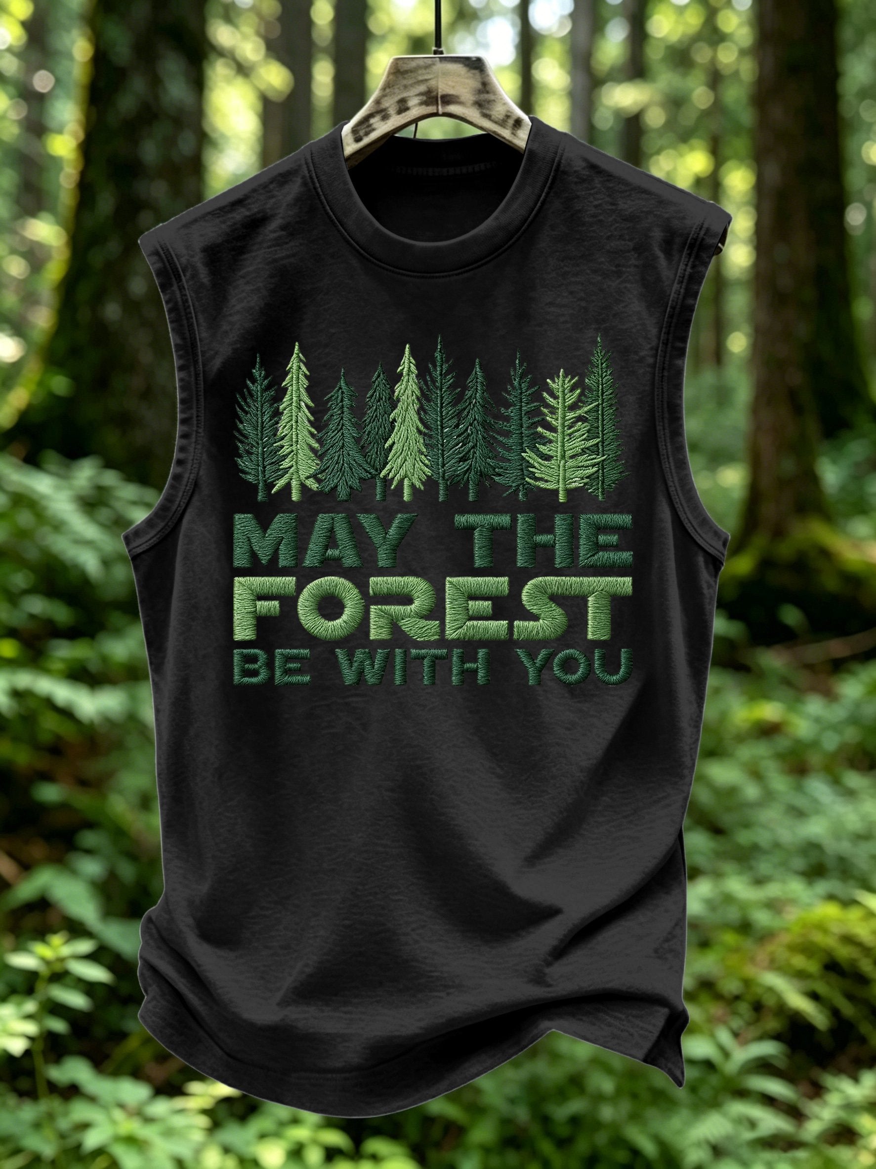 Men's Retro May The Forest Be With You Print Round Neck Vest
