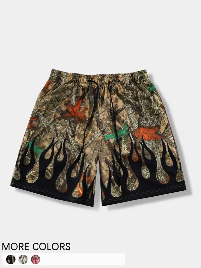 Unisex Trendy Baggy Camouflage and Flame Print Beach Shorts