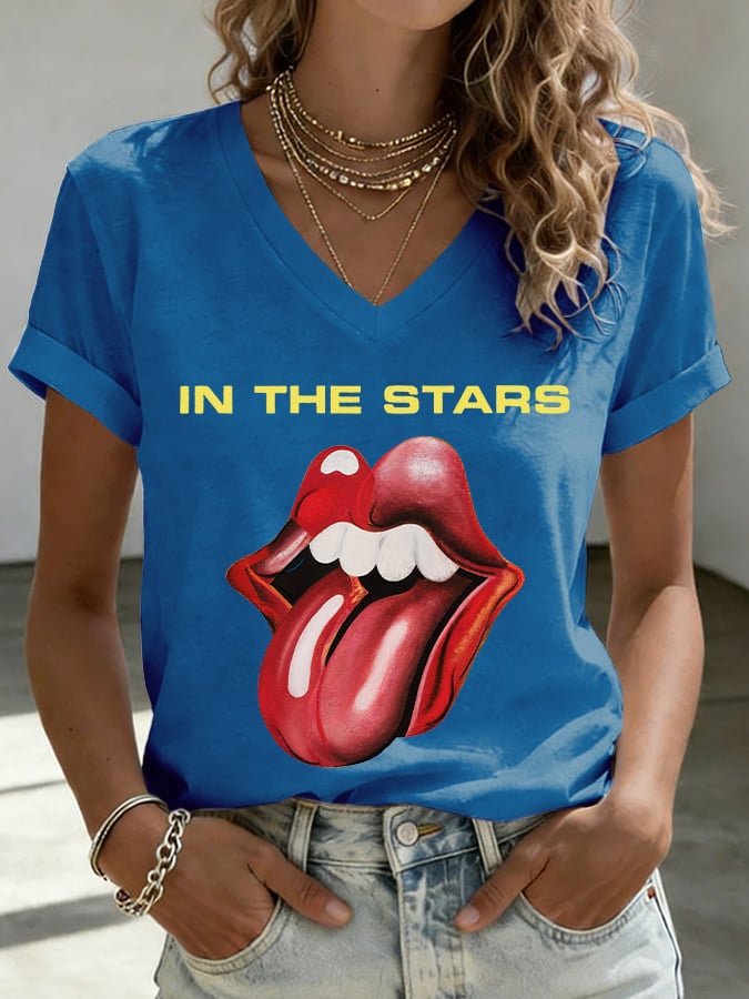 Women's V-Neck Retro In The Stars Print T-shirt