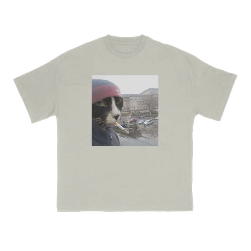 Unisex Smoking Street Style Cat Print T-shirt