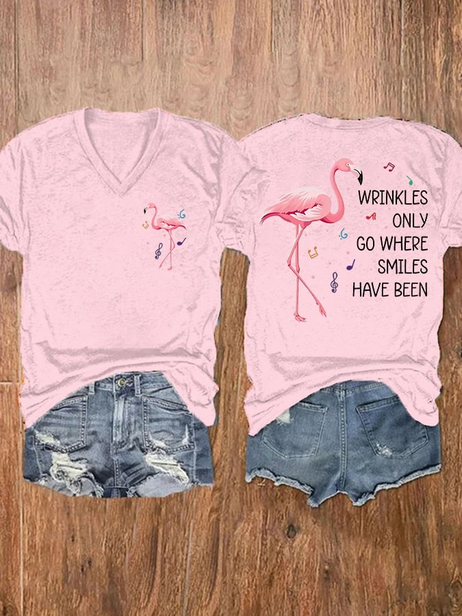 V-Neck Retro Flamingo Wrinkles Only Go Where Smiles Have Been Print T-Shirt