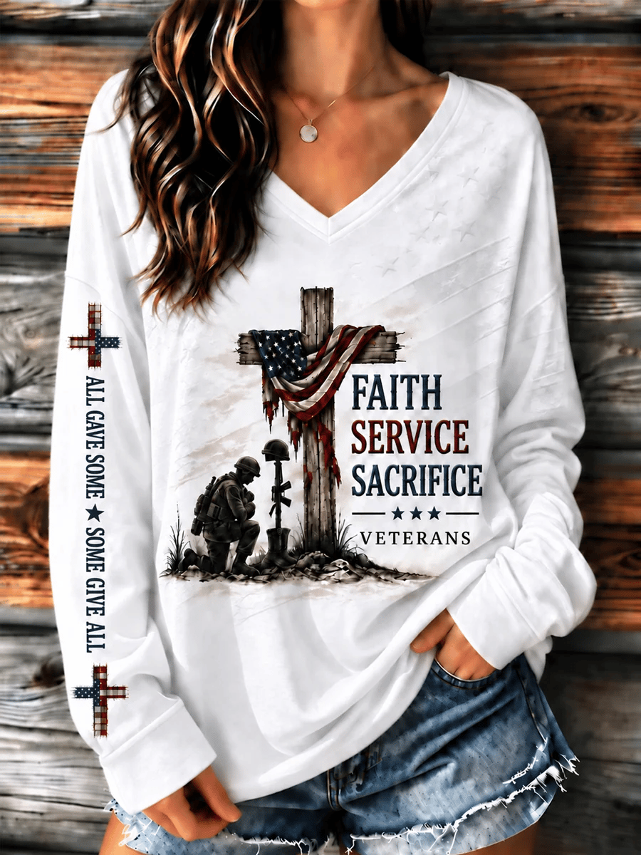 🎖️Women's U.S. Veterans Day Veteran Faith Art Print Casual Long-Sleeve T-Shirt
