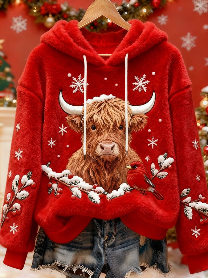 Women's Christmas Highland Denim Print Sweatshirt