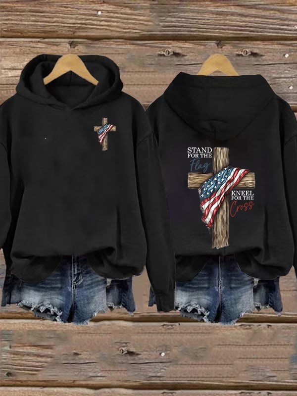Women's Stand For The Flag Kneel For The Cross Printed Casual Hoodie