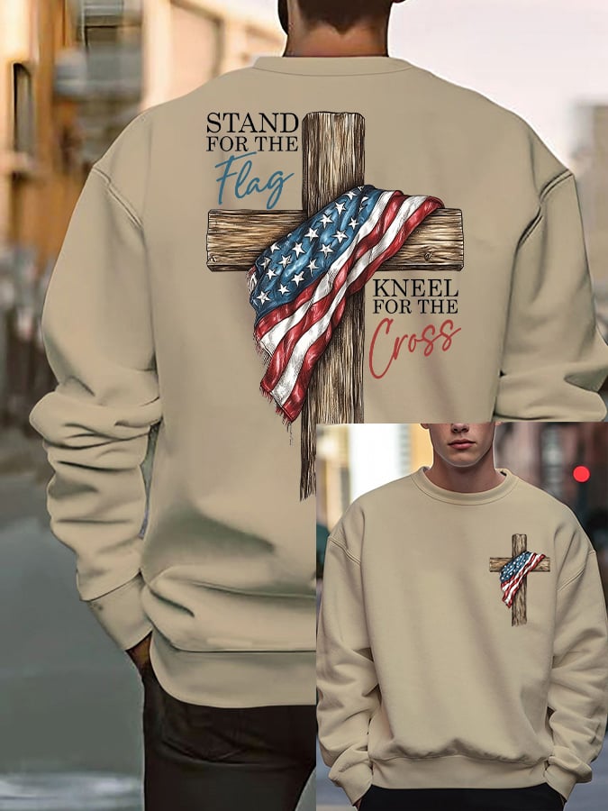 Men's Stand For The Flag Kneel For The Cross Print Casual Sweatshirt