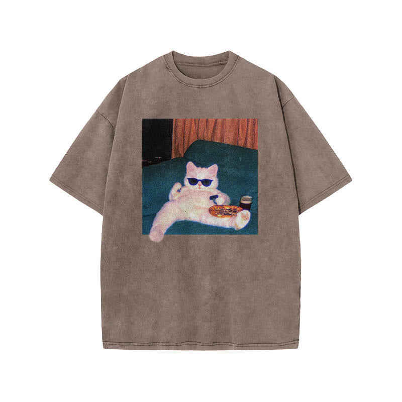 Unisex Cool Cat Print Acid Washed T-shirt