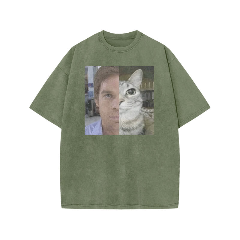 Unisex Patchwork Cat Print Acid Washed T-shirt