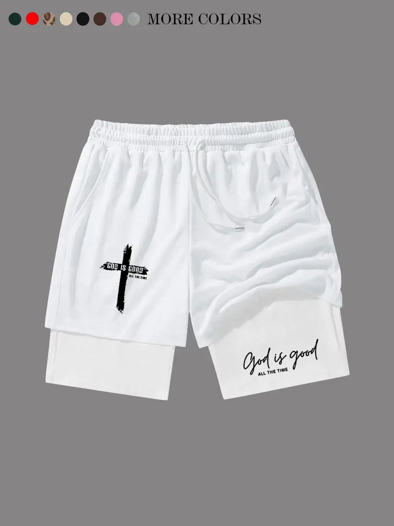 God Is Good Print Drawstring Waist Shorts