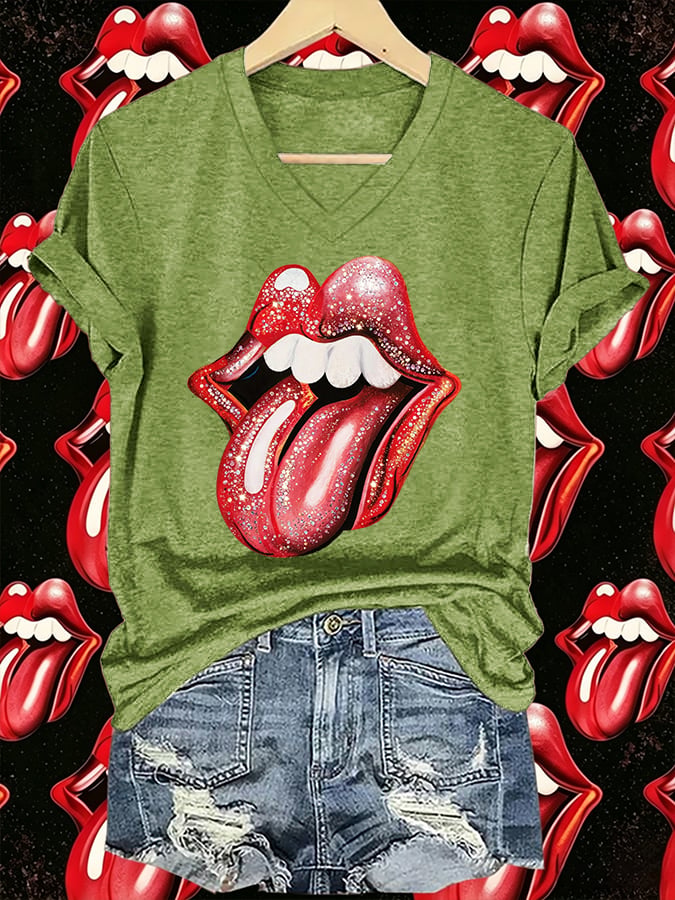 Women's V-Neck Retro Foreign Tongues Print T-shirt