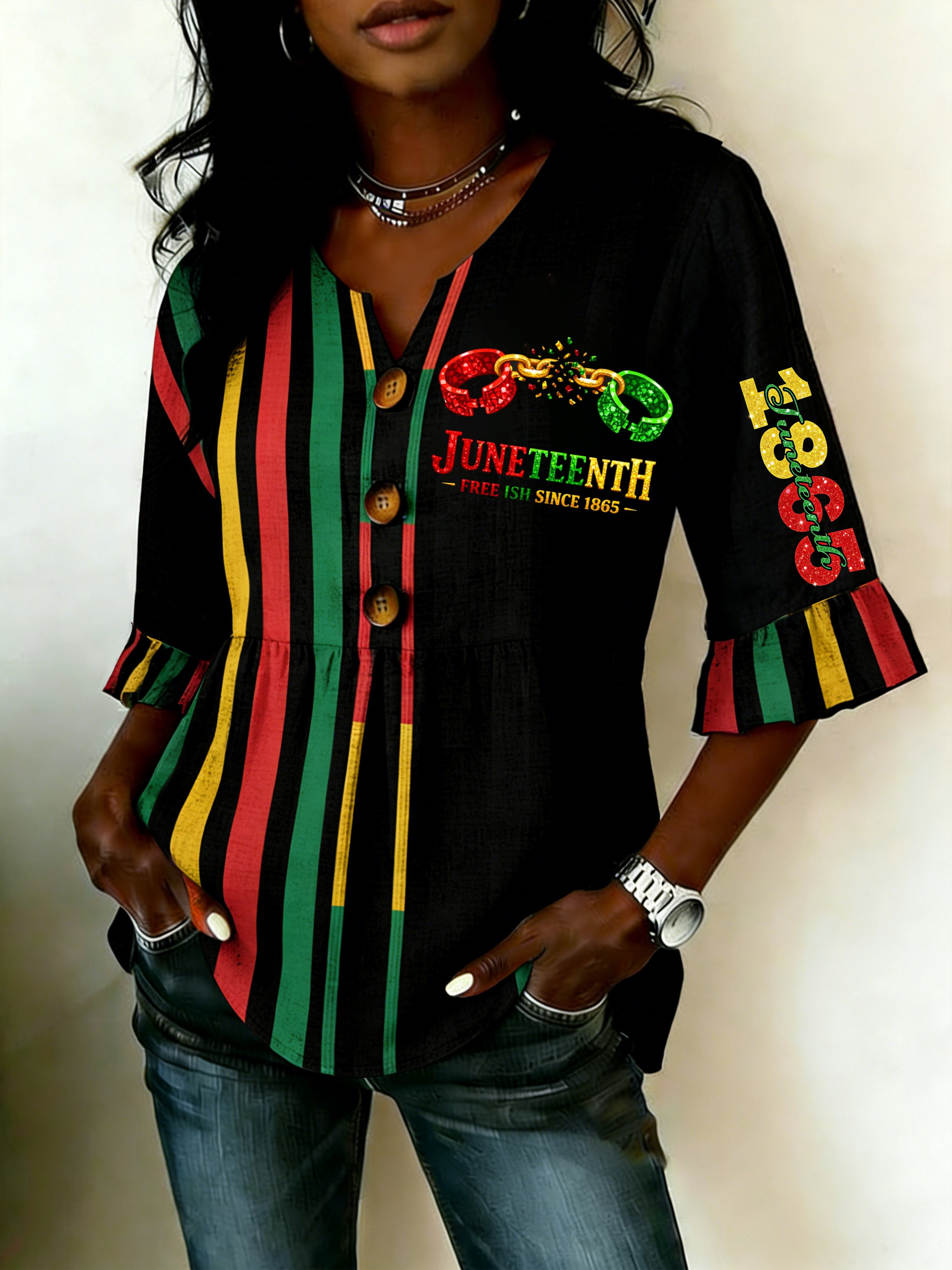 African-American Women's Juneteenth Print Faux-Linen Top
