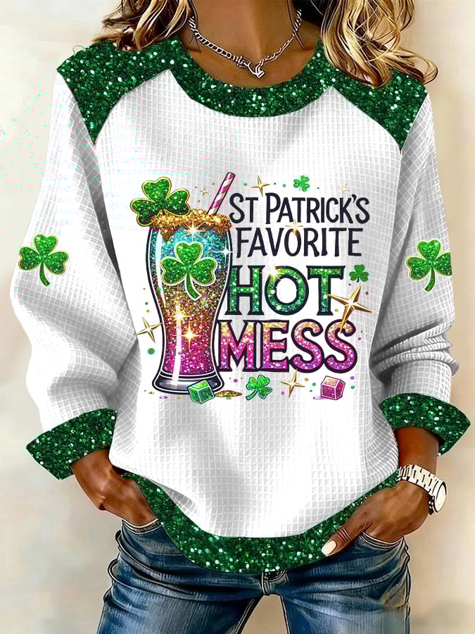 Women's St. Patrick's Favorite Hot Mess Print Casual Sweatshirt
