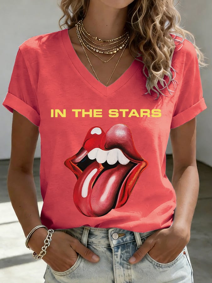 Women's V-Neck Retro In The Stars Print T-shirt