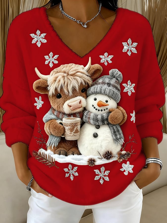 Women's Animal Highland Cow Yeti Art Print V-Neck Top