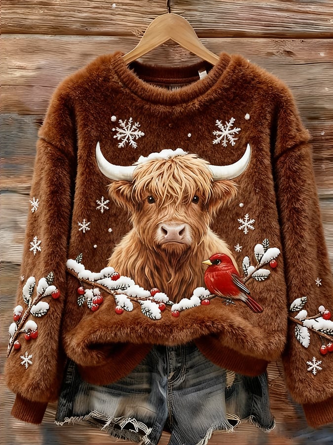 Women's Christmas Highland Denim Print Sweatshirt