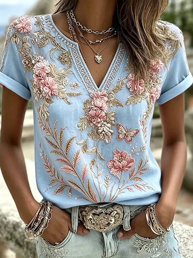Women's Floral Cotton-Linen Print Top
