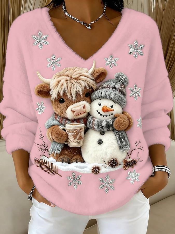 Women's Animal Highland Cow Yeti Art Print V-Neck Top