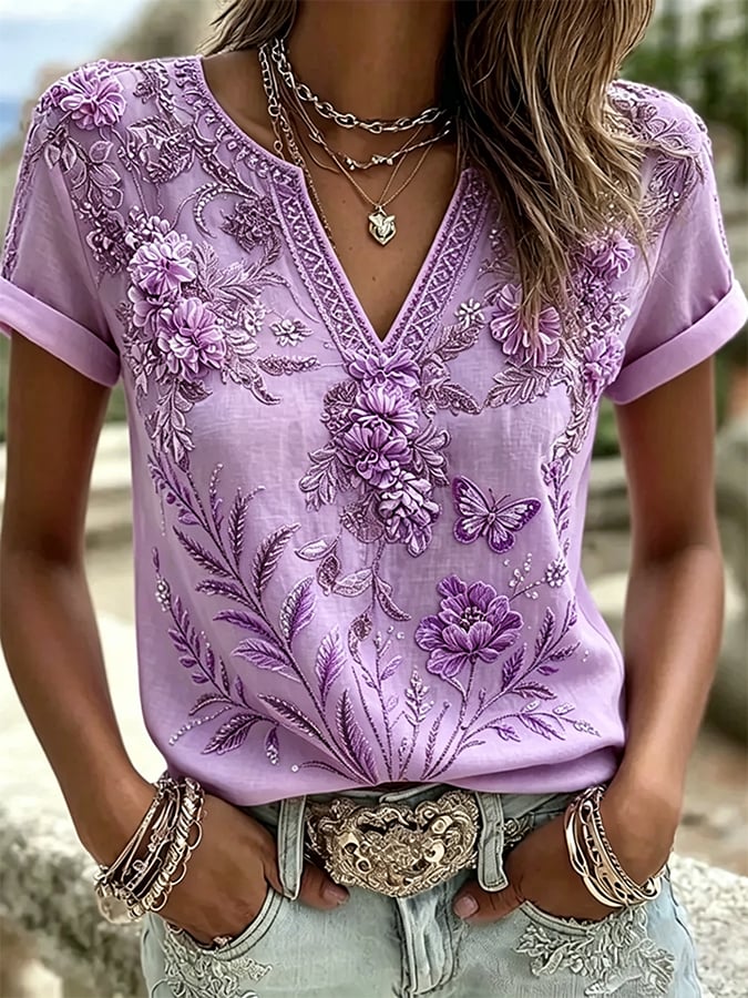 Women's Floral Cotton-Linen Print Top