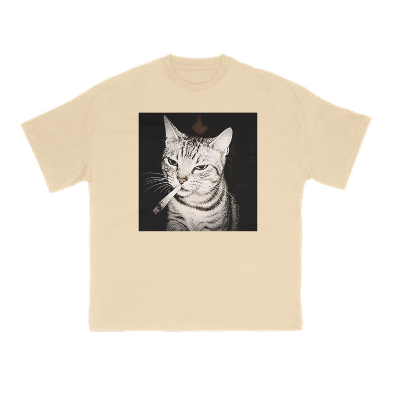 Unisex Smoking Tabby Cat Print T-shirt