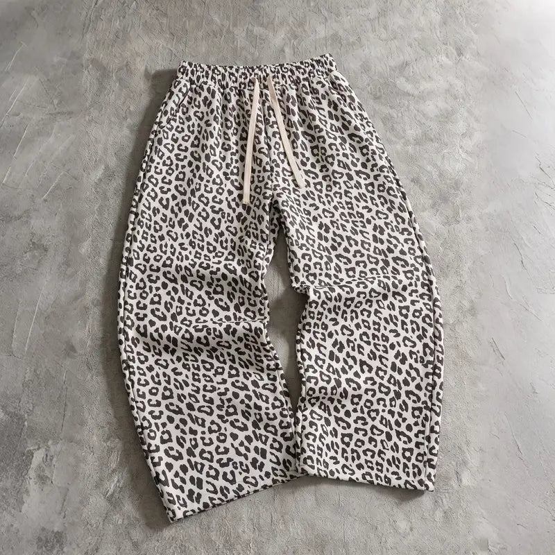🐆 Unisex Retro Leopard Print Wide-Leg Pants – Loose Fit Drawstring Trousers with Elastic Waistband 🔥