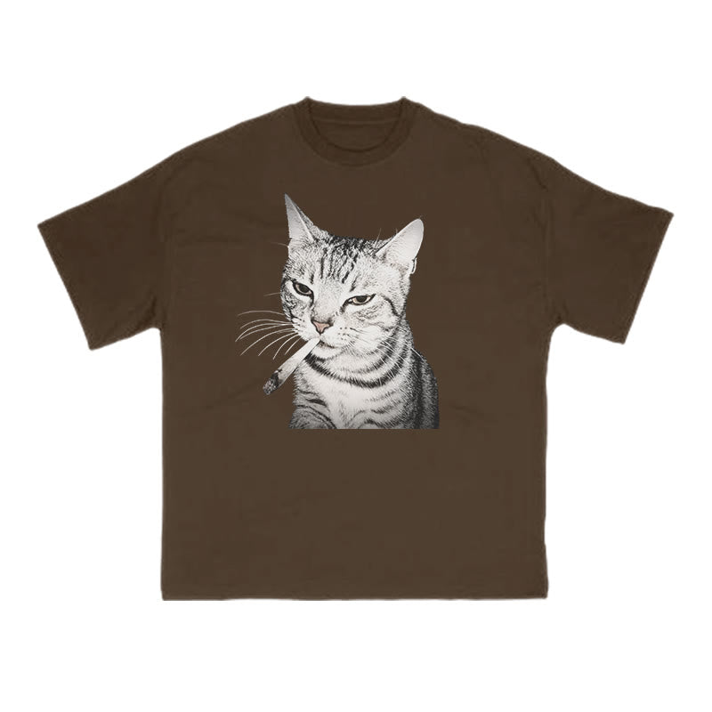 Tabby Cat With A Cigarette In Its Mouth Print T-shirt