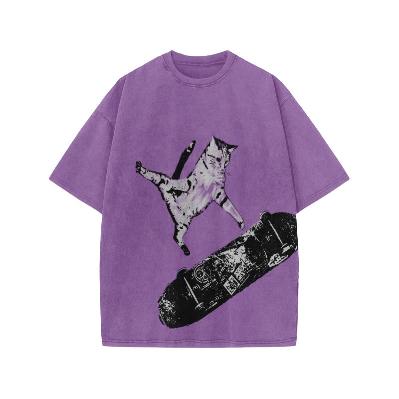 Unisex Street Skate Cat Print Acid Washed T-shirt