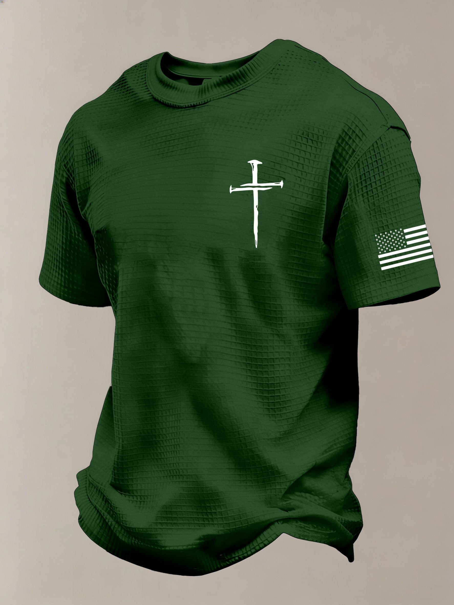 Men'S Vintage Faith Cross Flag Print Waffle-Knit Fabric T-Shirt