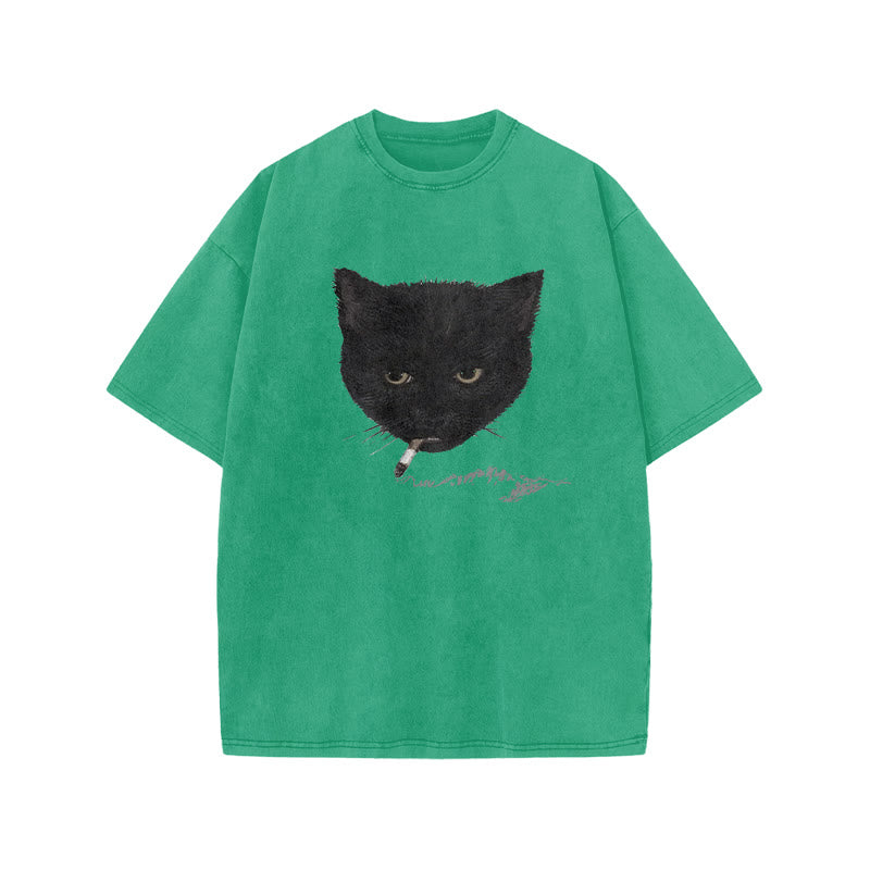 Unisex Smocking Cat Print Acid Washed T-shirt