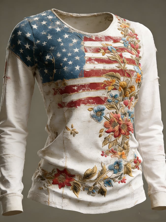 Women's casual long-sleeved T-shirt with 250th anniversary national flag and floral print.