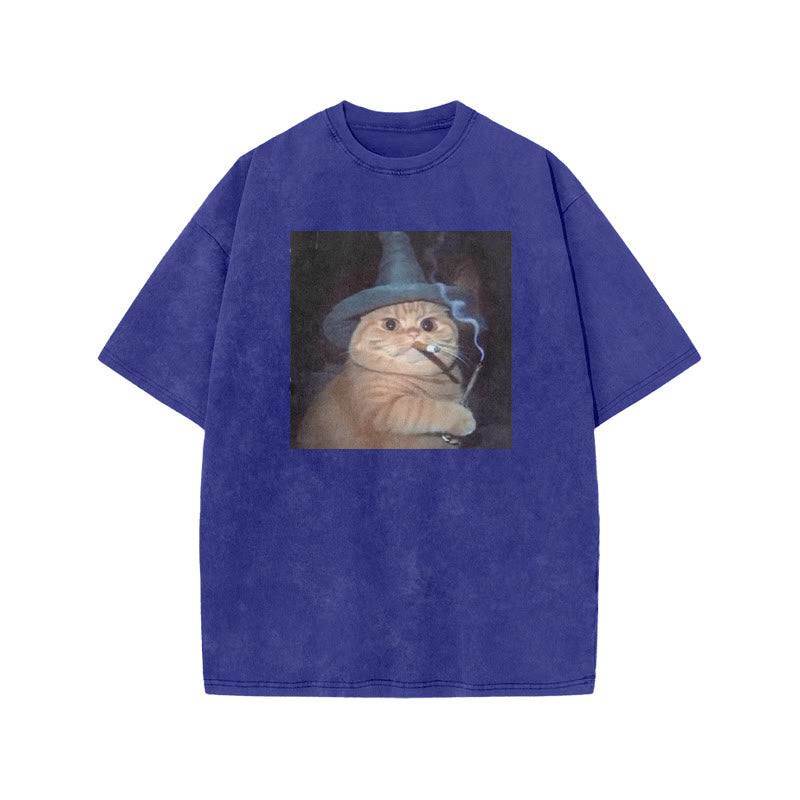 Unisex Smoking Wizard Cat Halloween Print Acid Washed T-shirt