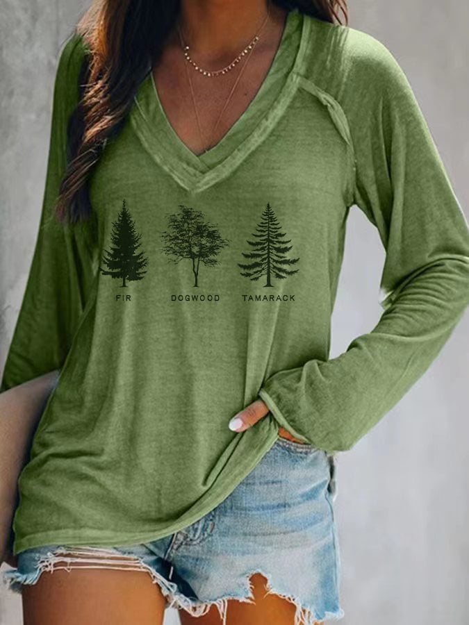 Women's fashion casual retro FDT tree long-sleeved T-shirt